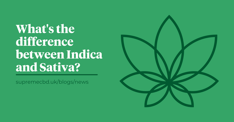 A green background with the Supreme CBD logo to the right showing what's the difference between indica and sativa. 