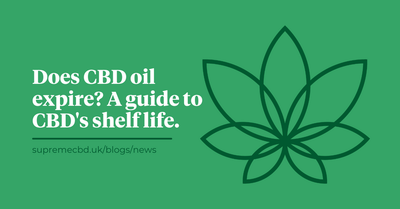 Green blog banner with text reading 'Does CBD oil expire? A guide to CBD's shelf life.' next to Supreme CBD logo icon 