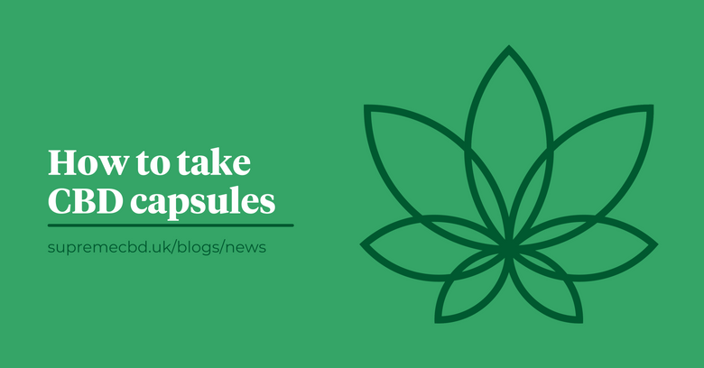 A green background with the Supreme CBD logo to the right explaining how to take CBD capsules. 