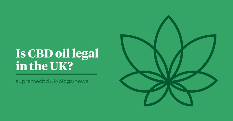 A green background with the Supreme CBD logo with text to the left displaying is CBD oil legal in the UK