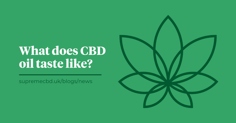 Green blog banner with white test reading 'What does CBD oil taste like?' with dark green Supreme CBD logo icon