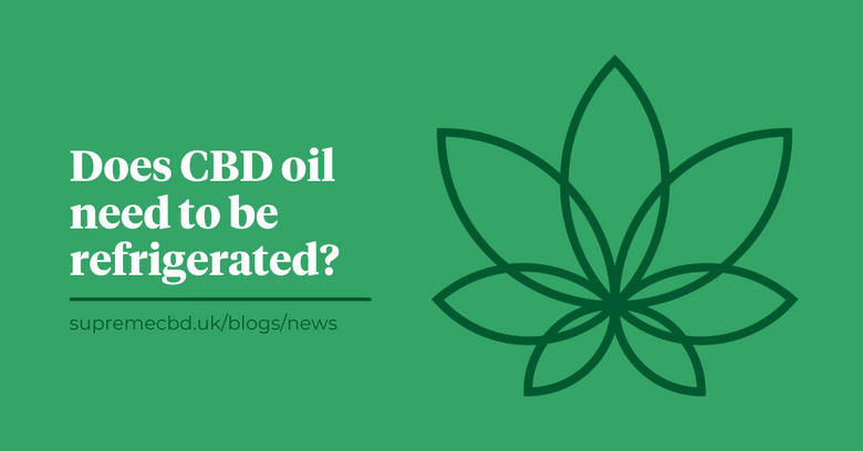 green banner with white text reading 'Does CBD oil need to be refrigerated' next to a dark green Supreme CBD logo icon