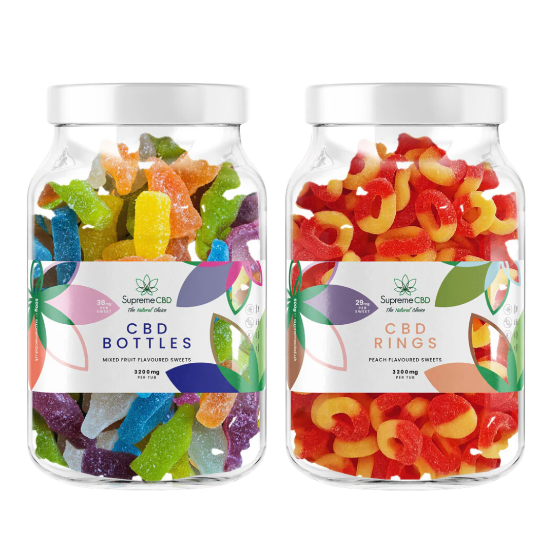 Supreme CBD 3200mg bottles and peach flavour display